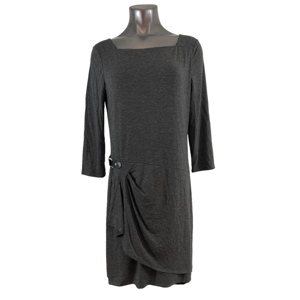 White House Black Market WHBM Women's Dress Gray Square Neck 3/4 Sleeve 14